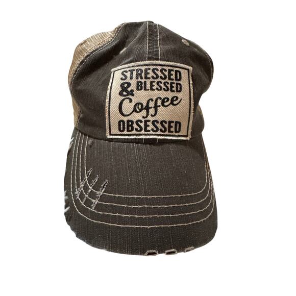NWOT women’s trucker hat stressed blessed and coffee obsessed grey and beige - Picture 4 of 6